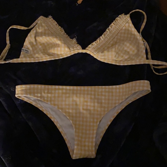 yellow and white checkered bikini